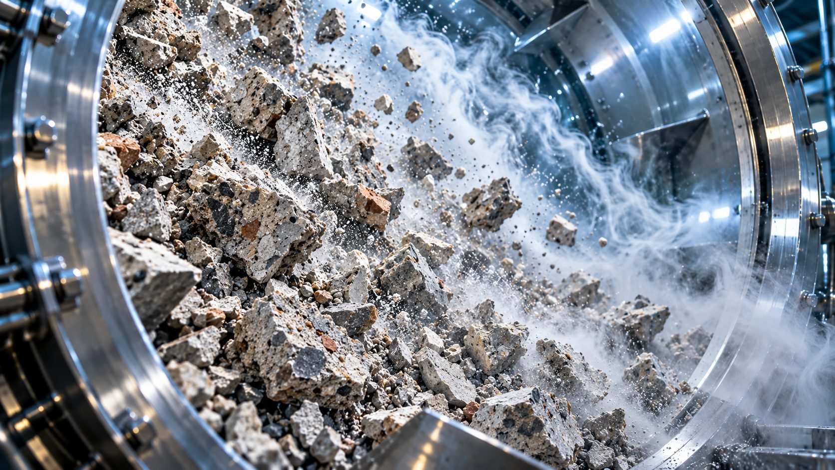 Granular solids tumbling through a gas inside a steel reactor