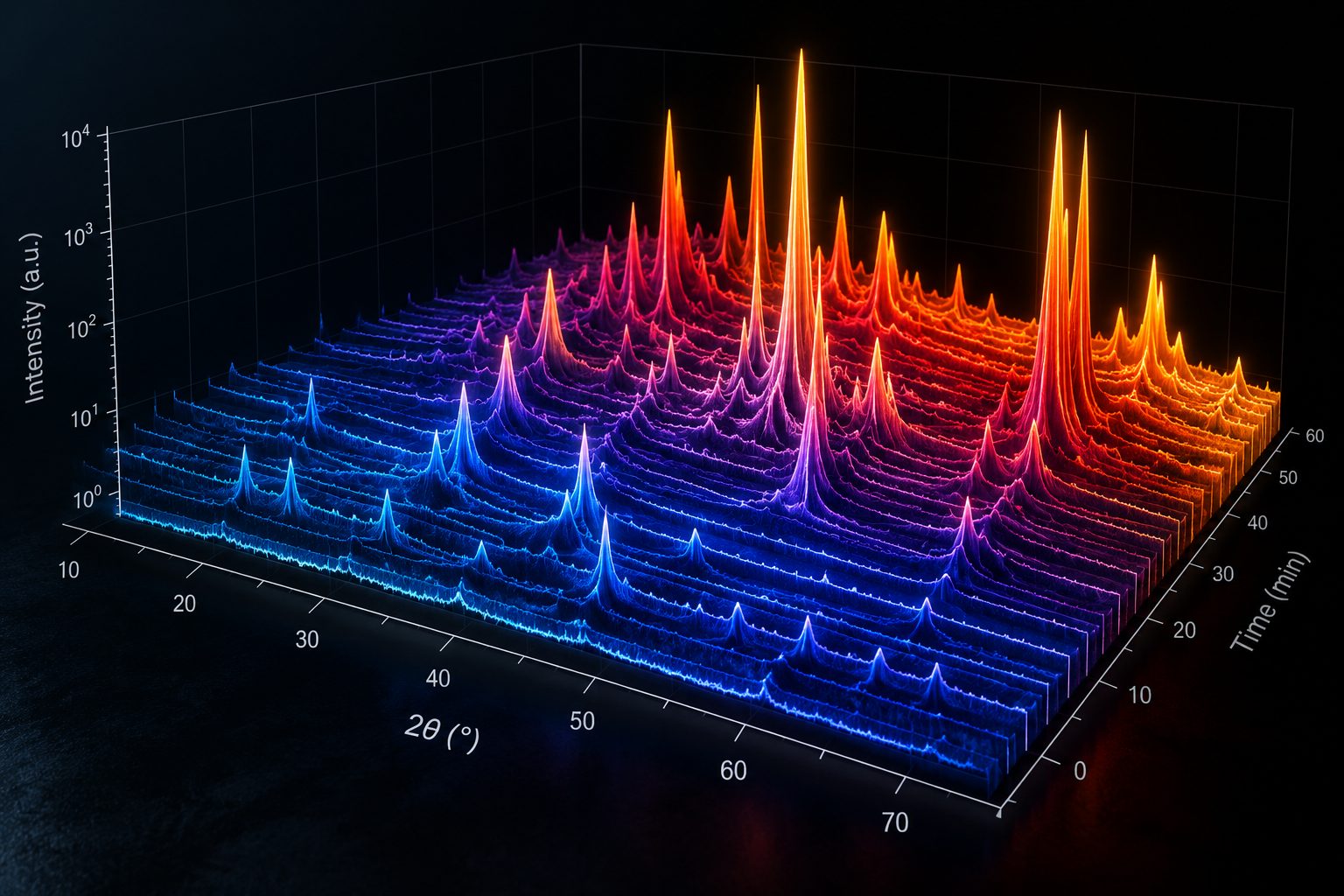 Waterfall plot of X-ray diffraction patterns changing over time
